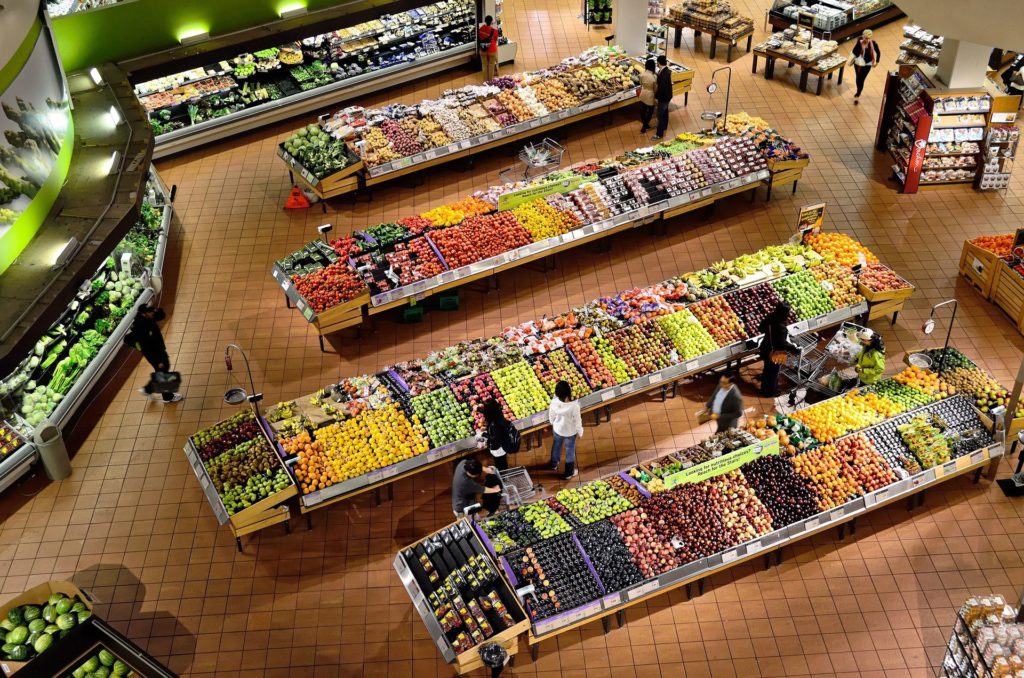 Panoramic view of supermarket grocery section